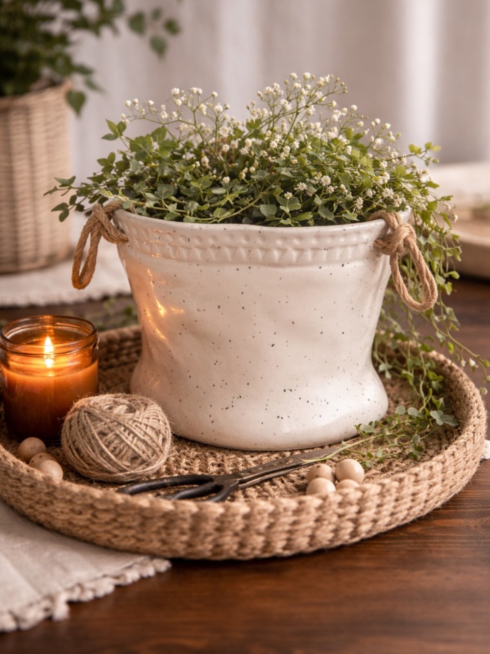 Creative Co Op Speckled‎ Ceramic Planter Pot Rustic Rope Detail Decorative